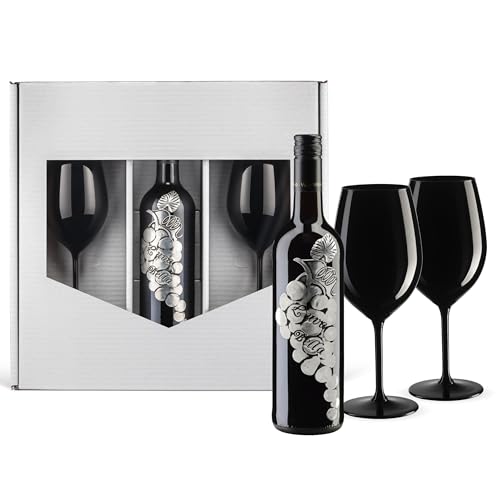 L'uva Bella inkl. 2 schwarzen Kristall-Weingläsern | Rotwein Geschenkset für Partner, Freunde und Liebende Edel-Cuvée aus Italien Silber-Hochzeit Geschenkset