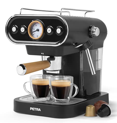 Petra PT5108VDEEU7 3 in 1 Barista Espressomaschine, kompatibel mit 30/54mm Kapseln und gemahlenem Kaffee, Espresso/Cappuccinomaschine mit Milchschaumstab, italienische 19 bar Druckpumpe, 1050W