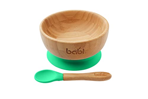 Babi® Baby Kleinkind Schüssel & passendem Löffel-Set, natürlicher Bambus, mit Silikon-Saugnapf (grün)