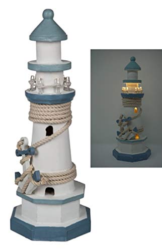 CBK-MS Leuchtturm blau/Weiss mit Tau + Anker und LED Beleuchtung 8 LEDs Batteriebetrieb Maritime Deko 30 cm Dekoration für Bad, Tisch oder Fenster