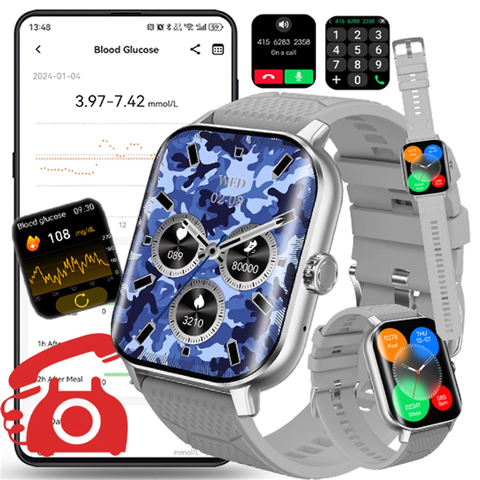 Fohatu W11 𝐁𝐥𝐮𝐭𝐳𝐮𝐜𝐤𝐞𝐫𝐆𝐥𝐮𝐜𝐨𝐬𝐞 Smartwatch Fitness-Tracker,Fitnessuhr Mit Smartwatch Mit Bluetooth -Anruf,𝐃𝐢𝐚𝐛𝐞𝐭𝐞𝐬 Smart Fitness Tracker Pulsschlag Blutdruck Schlafmonitor,D