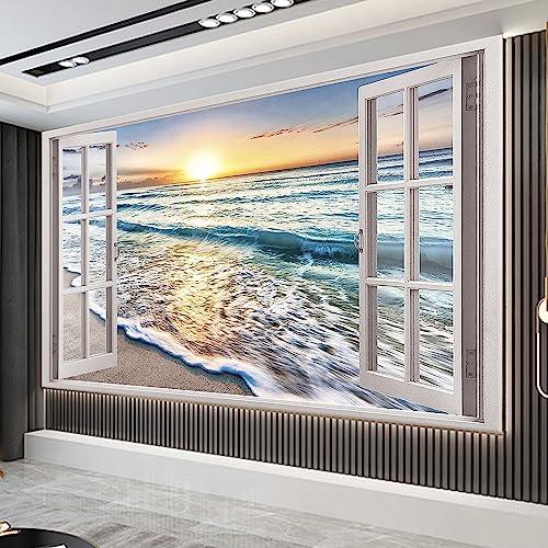 Trayosin Diamond Painting Fenster Strand Full Drill Diamond Painting Kits 5D Diamant Painting Bilder für Erwachsene DIY 5D Diamant Malerei für Wohnzimmer Büro Wand Dekoration Geschenk (120x80cm)