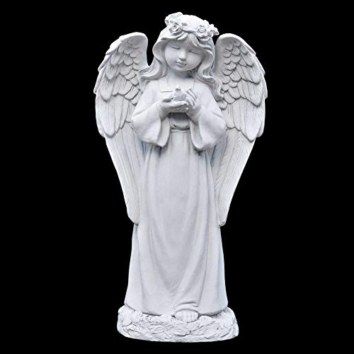 Wilai Engel Massive Steinfigur Engel mit Vögelchen Skulptur massiver Steinguss Grabdeko Gartendeko Gartenfigur wetterbeständig