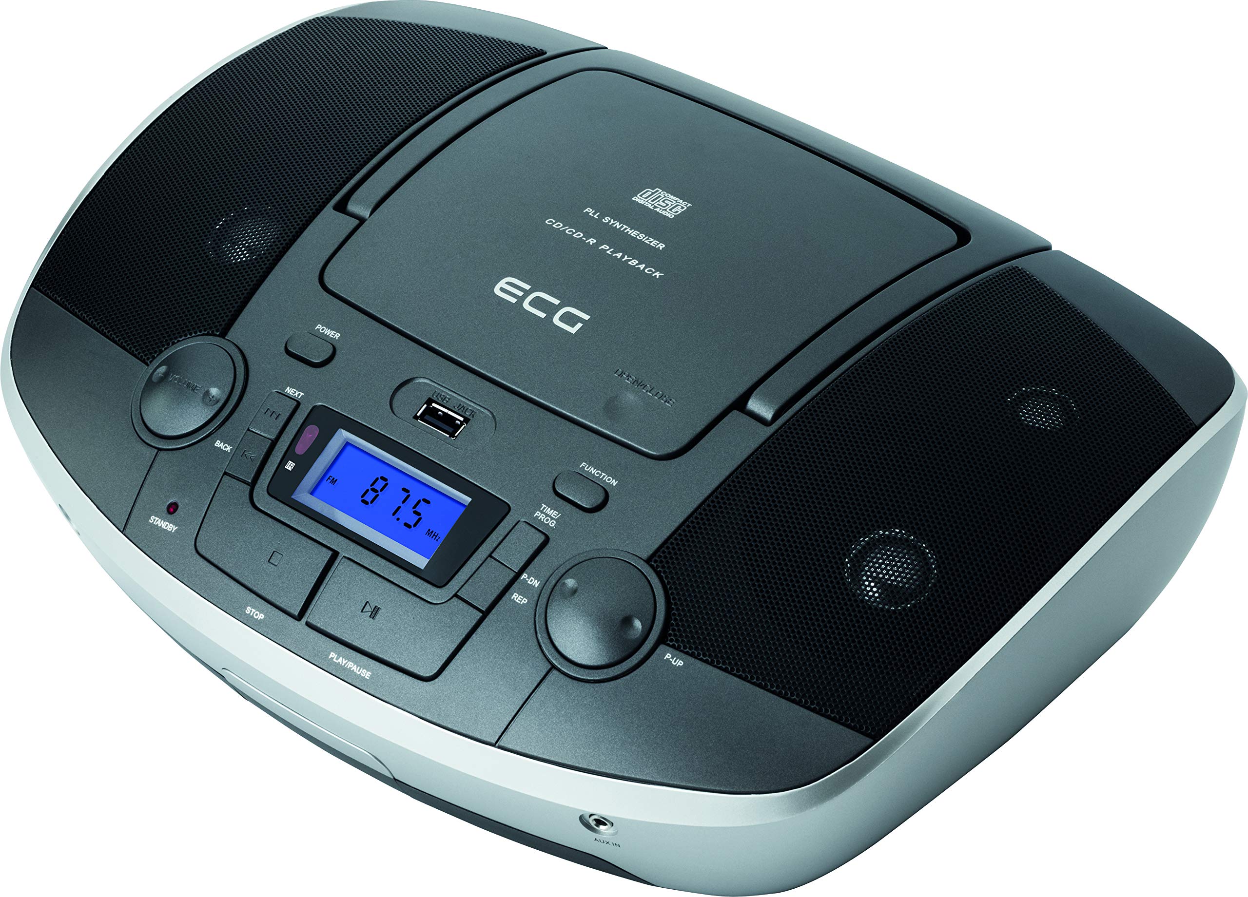 ECG CDR 1000 U Titan CD-Radio mit USB – CD, CD-R/RW; MP3; AUX-Eingang; 30 Tuner-Vorwahlen; LCD-Anzeige mit Hintergrundbeleuchtung; Fernsteuerung Grau-Silber