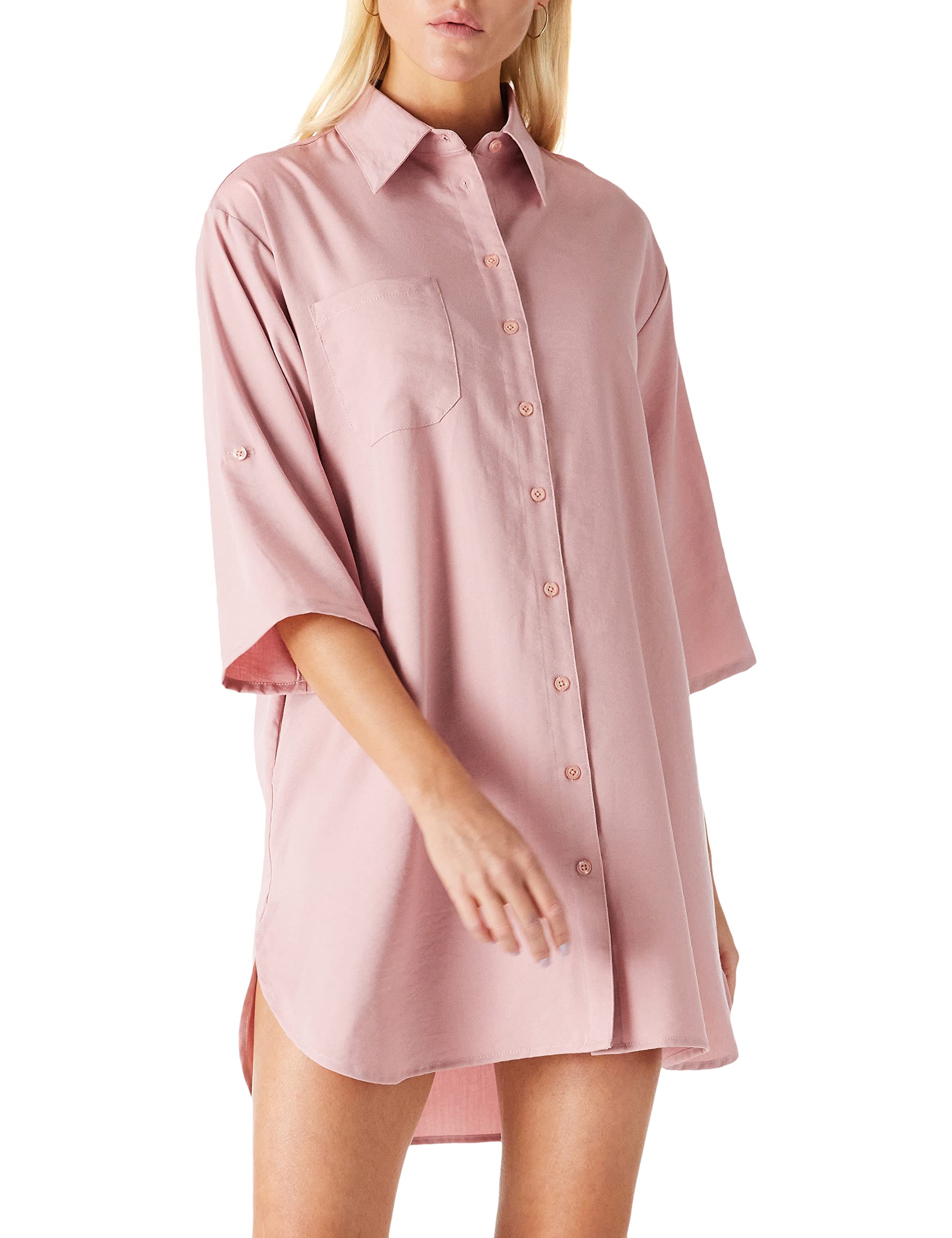 find. Lässiges Damenkleid Halblange Ärmel Bündchen Knopfleiste Mini-Shirt-Kleid Übergröße V-Ausschnitt Hemdblusenkleid, Rosa, Size M