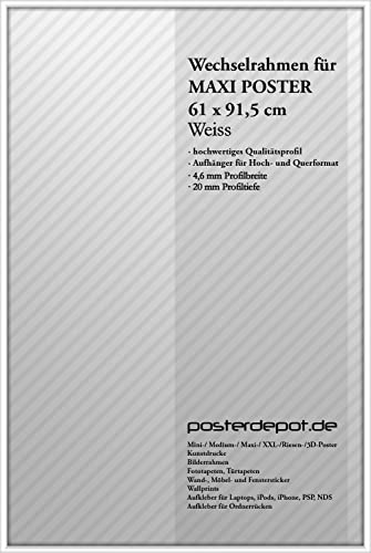 Bilderrahmen f. Maxi Poster - Größe 61 x 91,5 cm, Weiß - 2mm Antireflex Acrylglas - Top-Qualität made in Germany