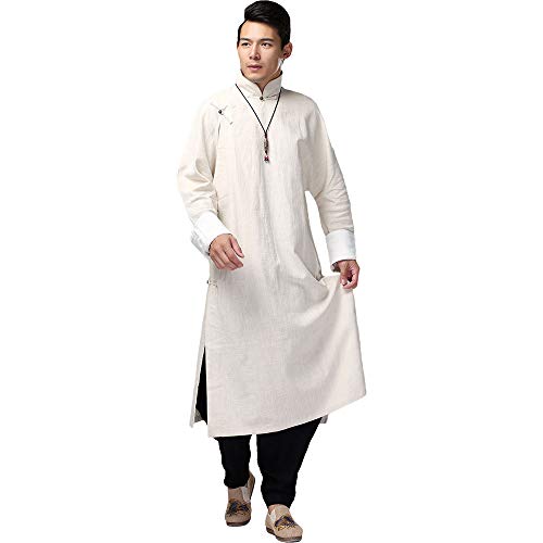 G-like Chinesische Herren Robe Mantel - Traditionelle Tangzhuang Freizeitkleidung Talar Gewand Kostüm Retro Lange Ärmel Stehkragen Frühling Herbst für Männer - Leinen (Weiβ, L)