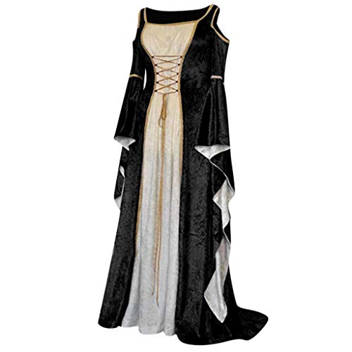 PPangUDing Mittelalter Kleidung Damen Vintage Gothic Steampunk Trompetenärmel Spitze Patchwork Große Größen Mit Schnürung Viktorianischen Renaissance Maxikleid Abendkleider Erwachsenenkostüm