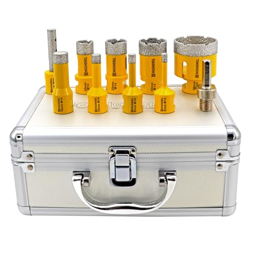 HIGHDRIL Diamant Bohrkrone Set 7-teilig mit Box 6/8/10/16/20/25/32/50MM and ein 10mm Fingerfräser ein Adapter für Porzellan Fliese Granit Marmor Trockenbohren