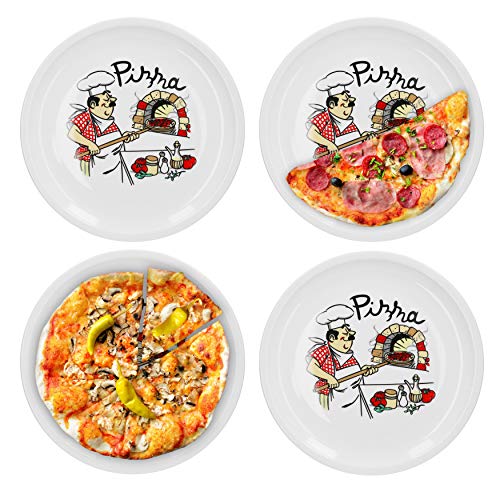 Van Well 4er Set Pizzateller groß Ø 30.5 cm mit Küchenchef-Motiv Gastro-Zubehör Pizza-Bäckerei stabiles Porzellan-Geschirr Grill-Teller Servier-Platte Antipasti