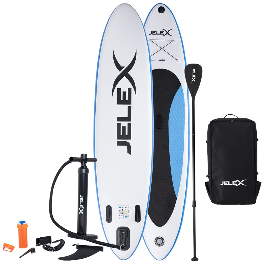 JELEX Wave aufblasbares Stand Up Paddle Board SUP 7-teiliges Komplett-Set mit Paddel, Sicherheitsleine, Pumpe, Reparaturset für Damen, Herren und Kinder belastbar bis 130 Kg kompakt verstaubar
