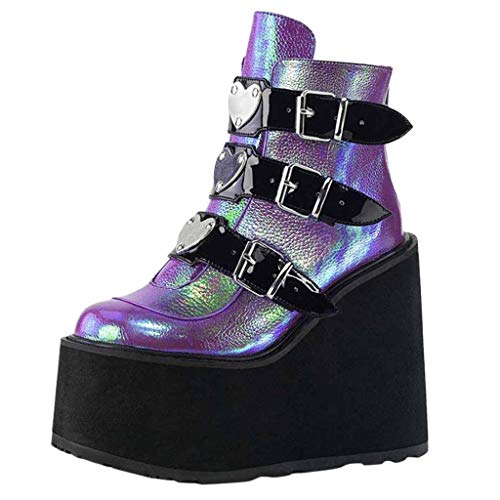 Damen Plattform Stiefel, Mode Multicolor Wedge Boots Damen Zip Up Platform Schuhe Sexy Heel Ankle Boots Abendkleid Arbeitsschuhe Bunte Plattformkeilabsatzschuhe Boots(Lila, 40)
