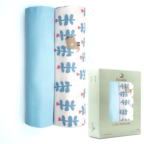 Bavella - 2er Set XXL Musselin Baby Decke & Tuch (ÖKO-TEX Zertifiziert) aus 100% Baumwolle (120x120cm) - Spuck-Tücher, Pucktuch & Musselin-Tuch für Jungen & Mädchen, Spucktuch & Baby-Decke nachhaltig