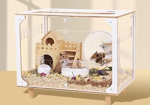 LLGJ Hamsterkäfig aus Holz, Mäuse und Ratten, offener Lebensraum mit Acrylplatten, solide gebaut, geeignet für Goldhamster, Totoro, Eidechse, blaubrüstige Wachteln (20,3 cm, L Käfig + Holzhaus + 6