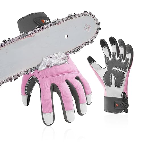 Vgo... Kettensägenhandschuhe 12-Schicht-Schutz an beiden Händen,Rindsleder, Forstarbeitshandschuhe Touchscreen für Frauen Utility Touchscreen (CA976CS-FM)
