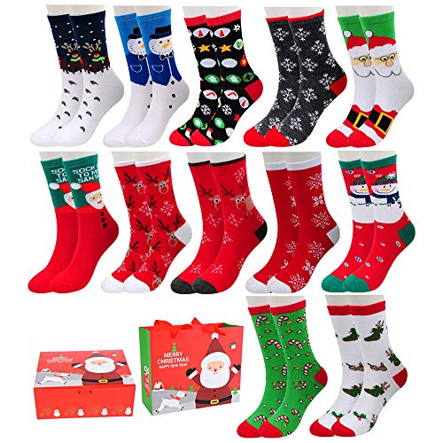 Shujin Unisex Weihnachtssocken 6/12 Paare Mix Design Weihnachten Socken Festlicher Spaß Neuheit Weihnachtsmotiv Socken Christmas Socks Atmungsaktive für Damen und Herren