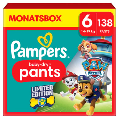Pampers Baby-Dry Pants Paw Patrol Limited Edition Größe 6, 138 Windeln, 14kg - 19kg, mit neuem Stop und Schutz Täschchen, das hilft, Auslaufen am Rücken zu verhindern