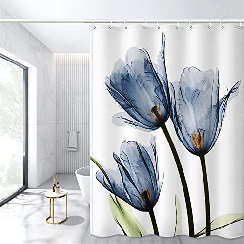 Duschvorhang 180x200cm Anti-Schimmel Wasserabweisend Polyester Stoff Duschvorhänge Waschbar Bad Vorhänge mit 12 Duschvorhangringe und Beschwerter Saum, für Badezimmerbadewannen, Blaue Blume
