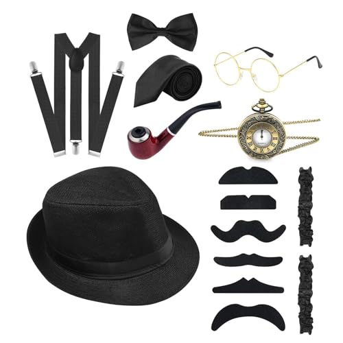 hgnxa Modisches Gangster-Kostüm, 1920er-Jahre-Kostüm, Outfit mit Taschenuhr, Schnurrbärte, Fliege, Abschlussball, Party-Zubehör, formelle Veranstaltung, Kopfbedeckung