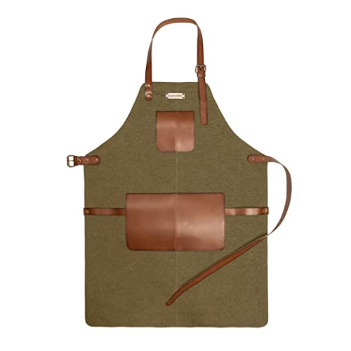 DRAKENSBERG Grillschürze 'Bob' - Profi Koch-Schürze aus Canvas und Leder für BBQ, Gastro, Bar, Barista, Geschenk für Männer Herren, nachhaltig handgemacht, retro-vintage, Olivgrün, Braun, DR00233