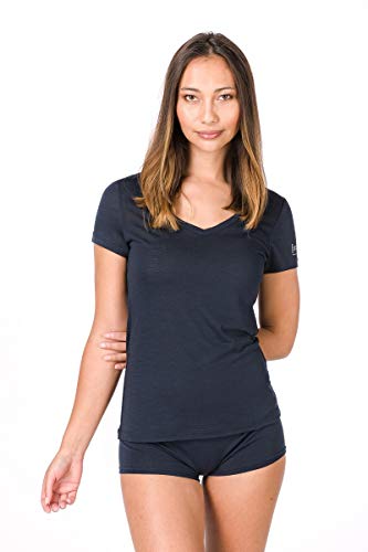 super.natural Dünnes Damen Kurzarm T-Shirt, V-Ausschnitt, Mit Merinowolle, W BASE V NECK TEE 140, Größe: XS, Farbe: Nachtblau