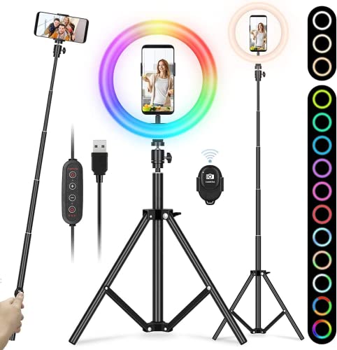 Yissvic LED-Ring Light Ring Licht RGB 10 Zoll mit Stativ verstellbar 26 Farben 10 Helligkeitsstufen Bluetooth Fernbedienung für Selfie Video Make-up