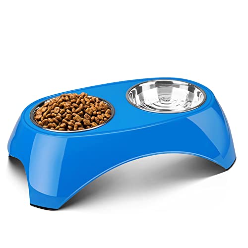 Flexzion Hundenapf, Futterstation, erhöhter Futternapf für kleine-/mittelgroße Hunde, 2X 700ml Edelstahl Fressnapf mit Melamine Napfständer, Zubehör für Haustiere, mit rutschfesten Füßen, blau