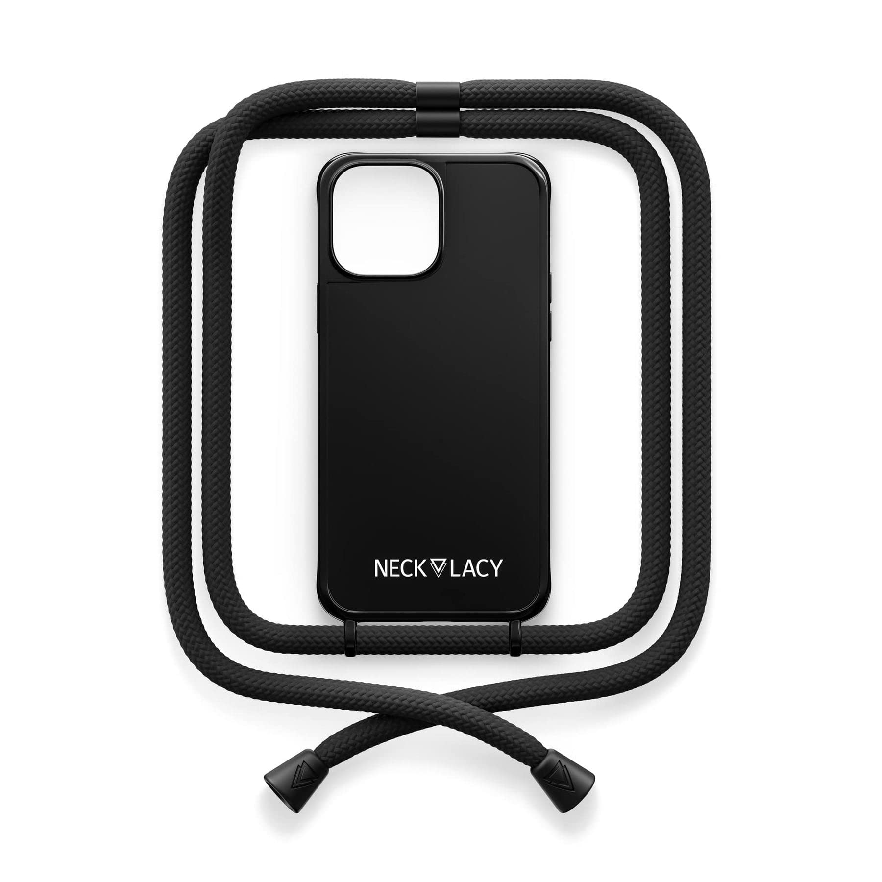 NECKLACY® - Die Premium Handykette für Apple iPhone 14 Pro in Pitch Black | Schwarze Handyhülle mit hochwertiger Kordel zum Umhängen - Smartphone Crossbody Case