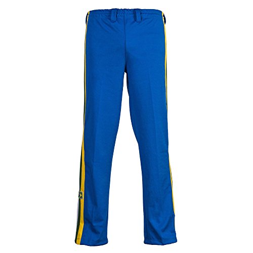 JLSPORT Authentische Brasilianische Capoeira Kampfsport Männer Hosen (Blau Mit Brasilien Nationalfarben Entlang Der Vertikalen Bein Streifen) - M