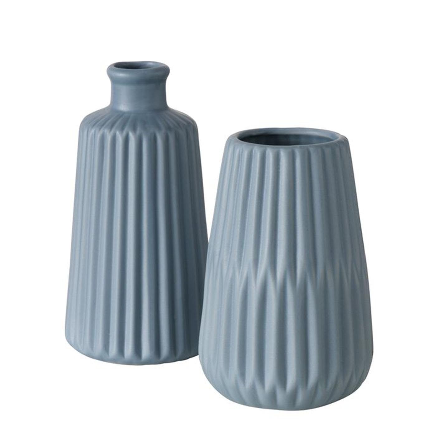 Deko Vase im 2er Set aus Keramik Mattes Design mit Rillen Höhe 18 cm Blumenvase Tischdekoration - Blau