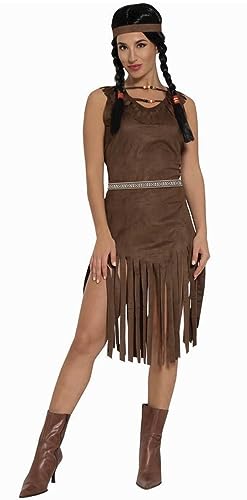 MIMIKRY Indianerin Damen Kostüm in Wildleder-Optik Braun Kleid mit Fransen Gürtel Haarband Squaw Western Wilder Westen, Größe:L