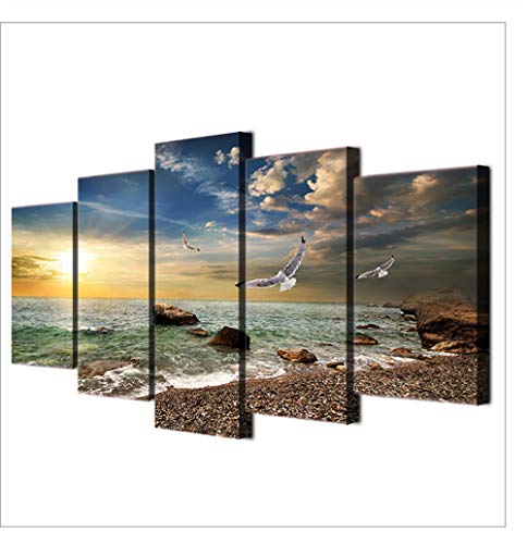 YANCONG Leinwandbilder Wohnzimmer 150X80Cm(A) Strandbilder, Sonnenuntergang Möwe Kunstdrucke Wandbild Restaurant Cafe Küchen Dekoration 5 Teilig