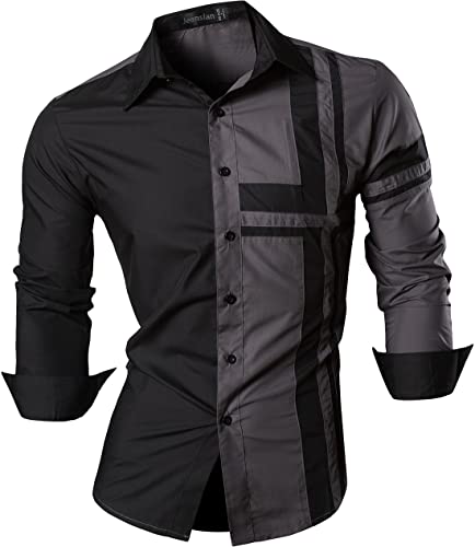jeansian Herren Slim Fit Lang Ärmel Casual Button-Down Kleid Shirts 8397, Farbe Gray, Size XL