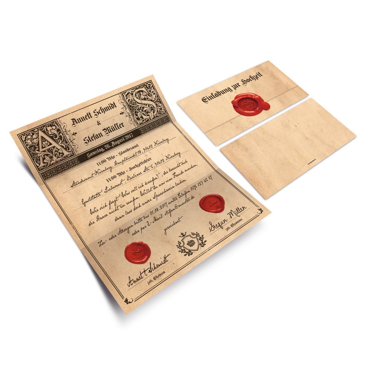 Kartenmachen.de Personalisierte Hochzeitseinladungen ab 10 Stück als Siegelbrief selbst gestalten inkl. Aufkleber im Hingucker Wickelfalz Sonderformat