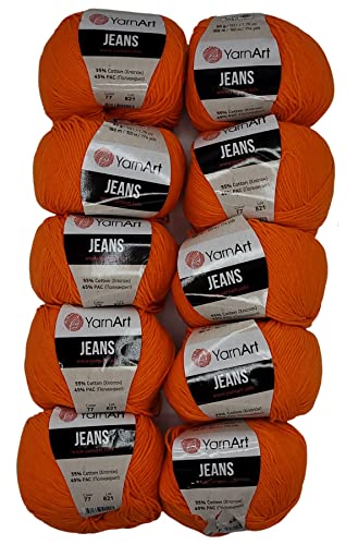 10 x 50g Strickwolle YarnArt Jeans einfarbig mit 55% Baumwolle, 500 Gramm Wolle uni (orange 77)