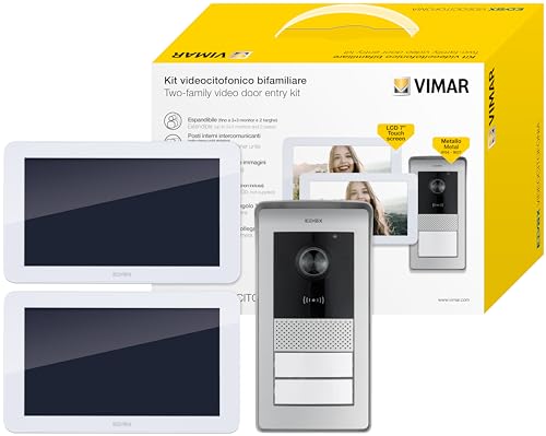 VIMAR K42916 Zweifamilienfreundliches Türsprechanlagen-Set mit Touchscreen, RFID-Lesegerät mit 2 Tasten, 2 Netzteile mit Standardsteckern EU, UK, USA, AUS, 4-Wege-Bus-Verteiler, Halterungen