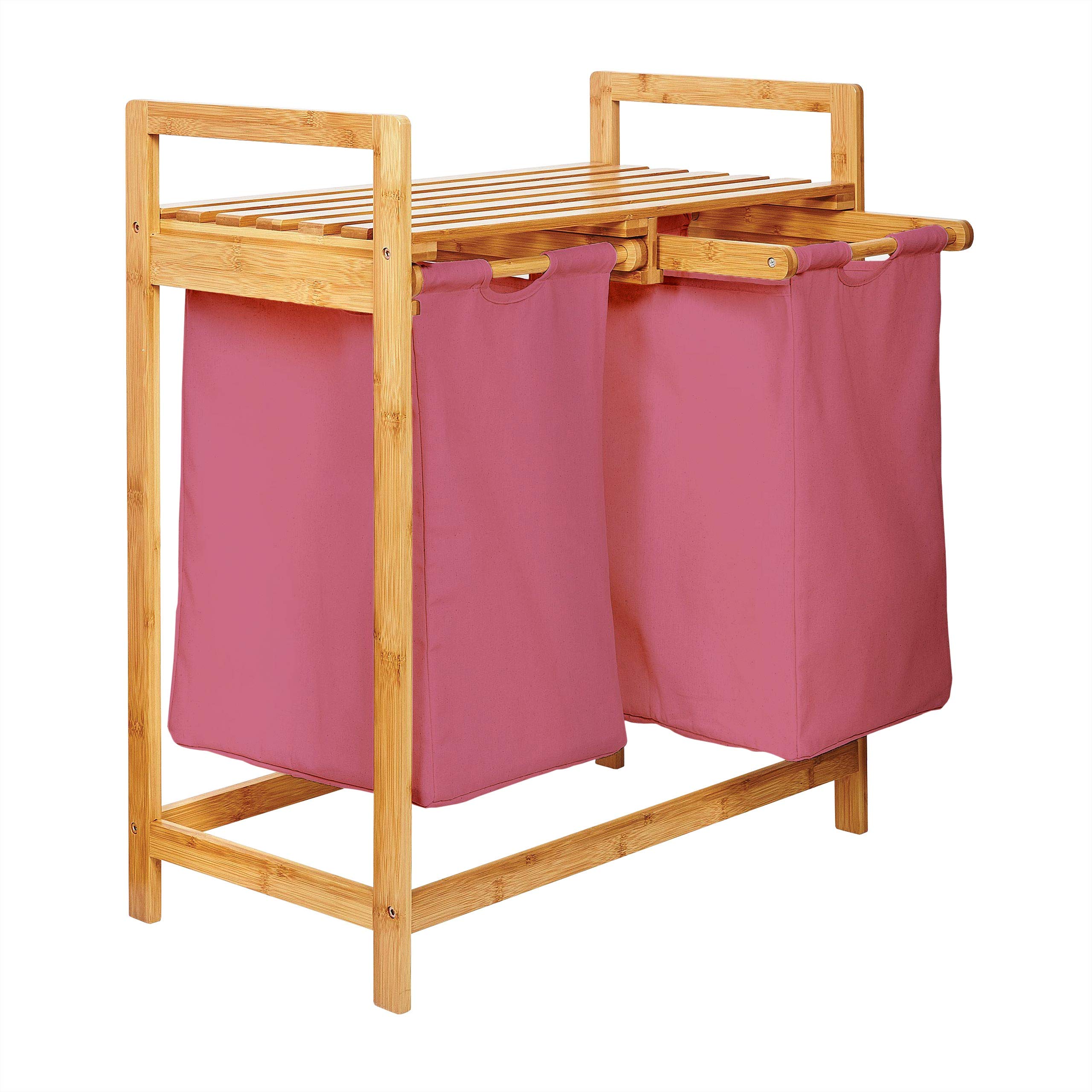 Lumaland Wäschekorb aus Bambus mit 2 ausziehbaren Wäschesäcken | Größe ca. 73 cm Höhe x 64 cm Breite x 33 cm Tiefe, Farbe: Rosa