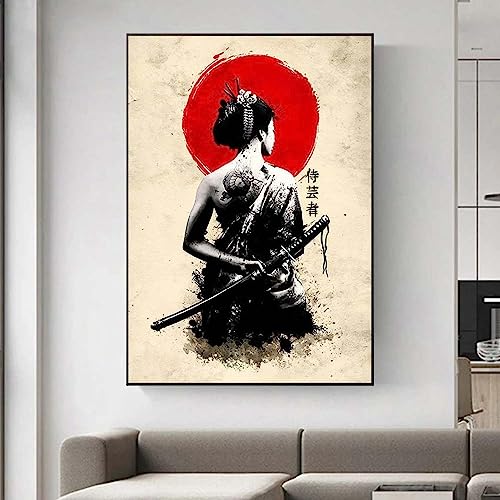 Japanische Kriegerin mit Schwert, Poster und Drucke für Wohnzimmer, Heimdekoration, abstrakte Tattoo-Frau, Leinwandgemälde, Wandkunst, 90 x 130 cm, rahmenlos