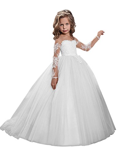 Carnivalprom Mädchen Blumenmädchenkleider Mit Ärmeln Bodenlanges Kinderkleid Erste Kommunikation Kleider Partyskleid(Weiß,8-9 Jahre)