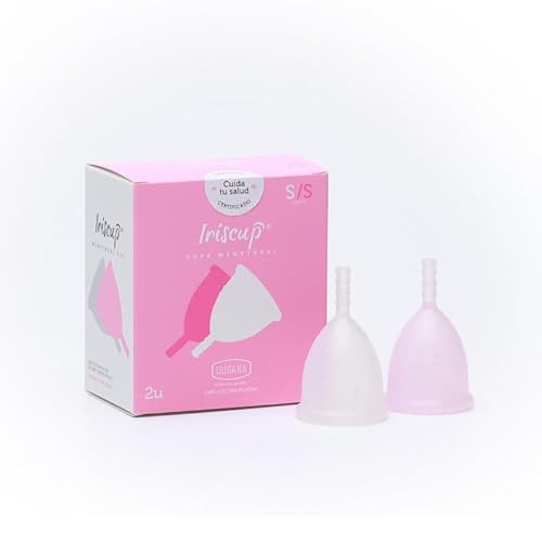 Irisana Menstruationstasse, 2 Stück, Modell Iriscup, Größe S, 9 x 6 x 10 cm, chirurgisches Silikon, DIU-kompatibel, rosa und transparent