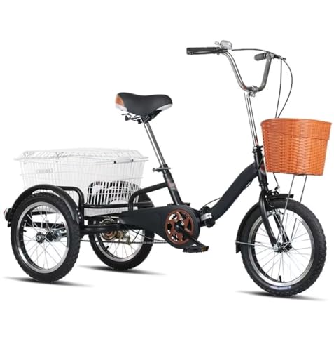 LSQXSS Zusammenklappbares Lastendreirad mit Einkaufskorb, 16-Zoll-Rikscha-Pedaldreirad mit Speichenlufträdern, Outdoor-Cruiser-Fahrraddreirad zum Abhängen und Einkaufen, verstellbar