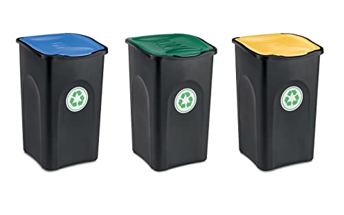 Kreher 3 Stück Abfalleimer 50 Liter mit Deckel optimale Mülltrennung (Grün, Gelb und Blau). Abwaschbar und leicht zu reinigen!