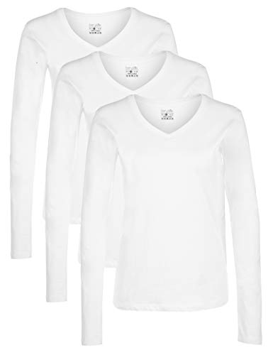 berydale Damen Langarmshirt, 100% Baumwolle, V-Ausschnitt (3er-Pack)