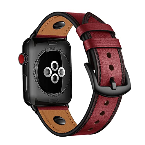 QANXGOG Lederarmband für Apple Watch Armband 45mm 44mm 42mm 41mm 40mm 38mm, Business Echte Leder Ersatzarmband Kompatibel mit iWatch Series 7 6 5 4 3 2 1 SE,Dark Red,38mm/40mm/41mm