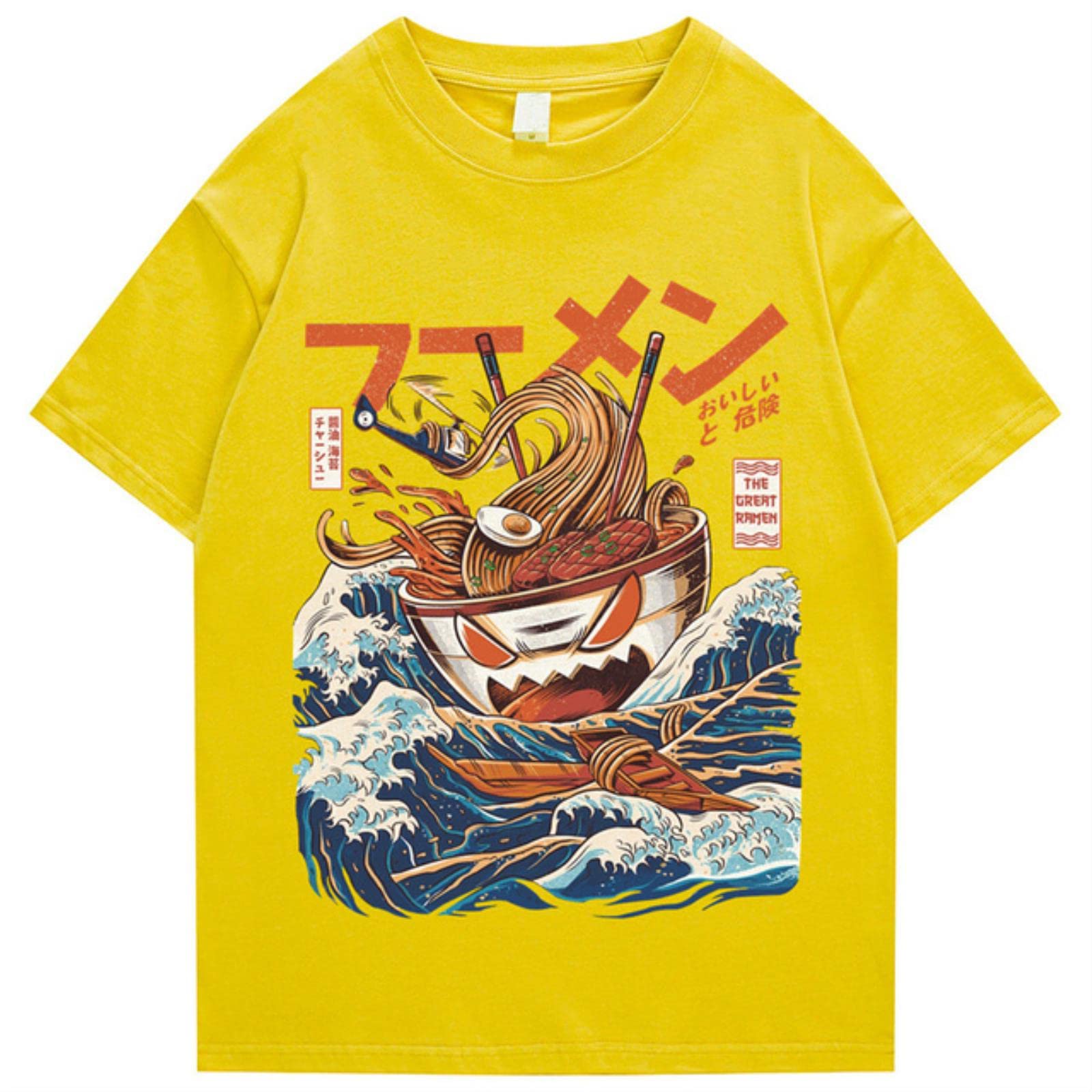 Japanisches Harajuku T-Shirt Herren 2022 Sommer Hip Hop T Shirts Nudelschiff Cartoon Streetwear T Shirts Kurzarm Casual Top Baumwolle Gelb, XL