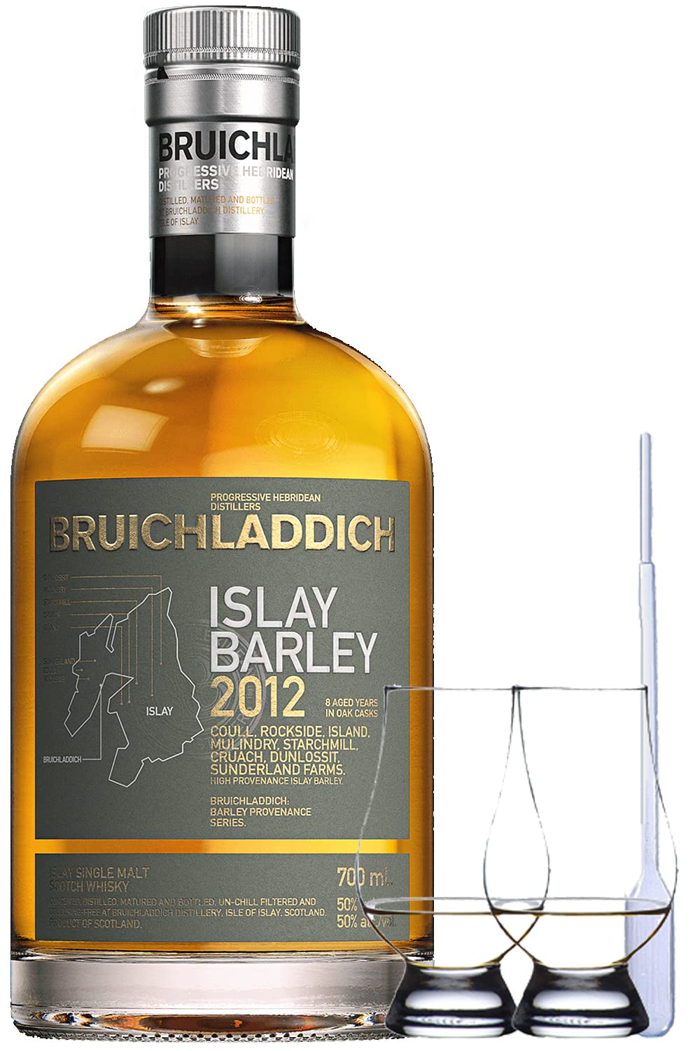 Bruichladdich Islay Barley Rockside Farm Unpeated Islay Single Malt Whisky 0,7 Liter + 2 Glencairn Gläser und Einwegpipette