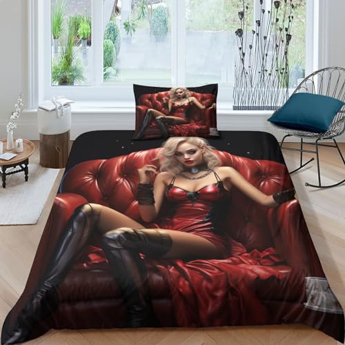 HMLTD Woman in Red 2 Teilig Sexy Frauen Bettwäsche Bettwäsche Set 3D Print Microfaser Bettbezug Set Mit Reißverschluss Und Kissenbezug Für Mädchen Jungen Kinder Single（135x200cm）