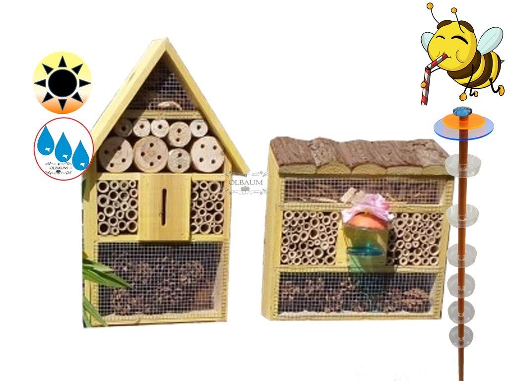 Gartendeko-Stecker mit Lichteffekt, Sonnenfänger als funktionale Bienentränke + 2X Lotus BIENENHAUS Insektenhaus,XXL Bienenstock & Bienenfutterstation für Wildbienen, Hummeln, Schmetterlinge