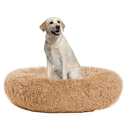 Waigg Kii Hundebett aus Plüsch, Donut-Größe, rund, flauschiges Kissen, XL, weiches Haustierbett für große/mittel/kleine Hunde und Katzen (120 cm, Beige)