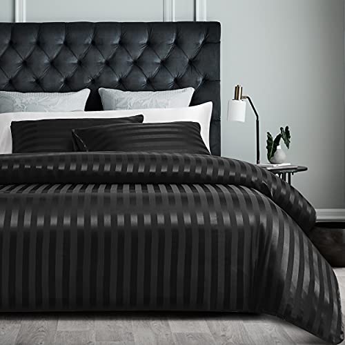 Damier Satin Bettwäsche 135x200 4 teilig Schwarz Streifen Bettbezug Set Seidig Glänzend Hochwertiges Satin Deckenbezug mit Verdecktem Reißverschluss und 2 Kissenbezüge 80 x 80 cm